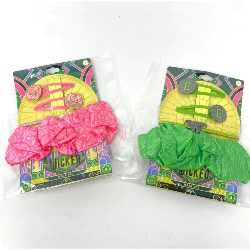 Wicked Hair Accessory Set Glinda Or Elphaba Clips Scrunchie Hair Ties Pink Green